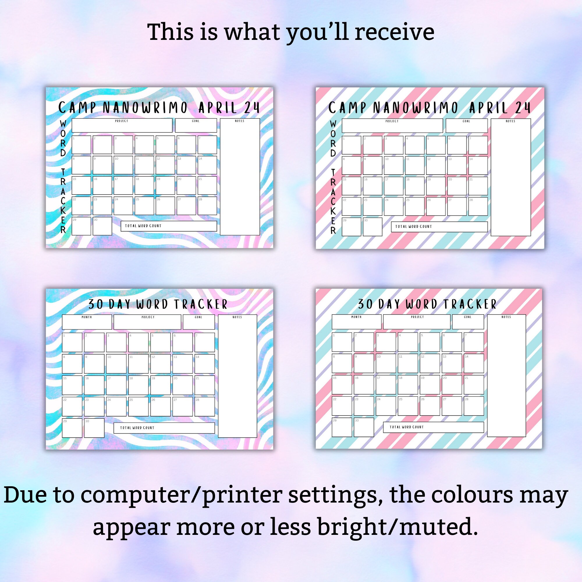 April 2024 Word Tracker for Camp Nanowrimo PDF Printable 2 Designs 2
