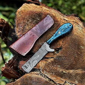 Hand Forged Damascus Steel Bull Cutter Knife with sheath, Best Gift For Men, Pocket Knives, Camping Knives, , WESTERN Knives