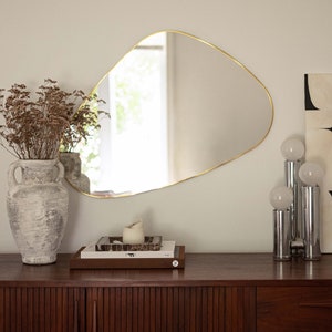 Brass Irregular Mirror - Asymmetrical Home Decor with Modern Brass Frame, Pebble Mirror, Oval Mirror