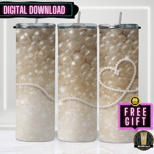 Elegant Love Pearls and Heart Tumbler Design, Bridal Gift 20oz Skinny Sublimation, Glitter Pearl Wrap, Digital PDF Download