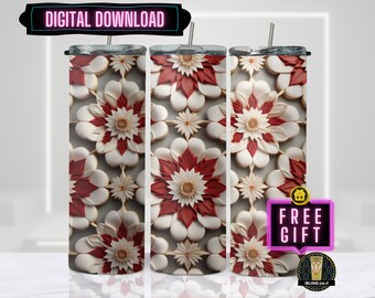 3D Flower Tumbler Wrap: Red, Grey & White Seamless Pattern (PNG Digital Download)
