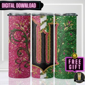 May include: Three glitter-covered tumblers with ornate designs. One is magenta with gold and green floral patterns, another has a black background with a gold and pink design, and the third is green with similar floral patterns. The text "DIGITAL DOWNLOAD" is at the top.