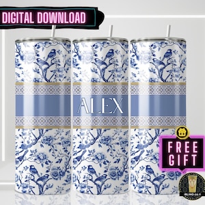 May include: Three personalized tumblers with a blue and white floral design featuring birds. The tumblers have a blue band with the name "ALEX" in white. The words "DIGITAL DOWNLOAD" are at the top.