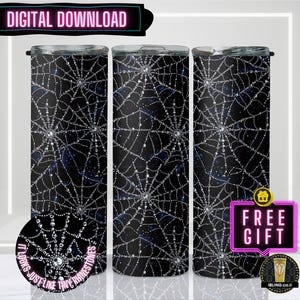 May include: Three black tumblers with a sparkling spiderweb design. The design features silver webs with rhinestone accents. The words "DIGITAL DOWNLOAD" are at the top. A circular graphic says "IT LOOKS JUST LIKE TINY RHINESTONES".