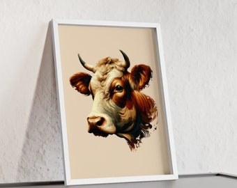 Framed Cow Portrait Painting, Farmhouse Style Print