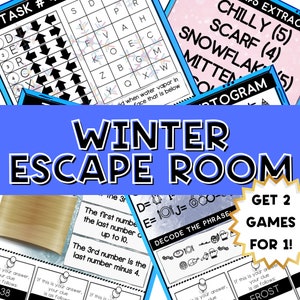 May include: A colorful printable winter escape room game with the text "Winter Escape Room" and "Get 2 Games For 1!"  The game includes a word search, a code-breaking activity, and a riddle.