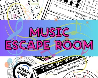 May include: A colorful graphic with the text "MUSIC ESCAPE ROOM" in pink letters on a blue background with musical notes. The graphic also includes a circular maze with the text "TASK #5 WORD" and "Gustav Holst's "The Planets Suite:" movement involving "Jollity."