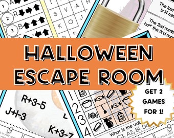 May include: A Halloween escape room game with a variety of puzzles and activities. The game includes a lock and key, a grid with symbols, and a moon with maths problems. The text on the game says "Halloween Escape Room" and "Get 2 Games For 1!"