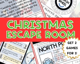 Könnte beinhalten: Ein Weihnachts-Escape-Room-Spiel mit einer rot-grünen Titelkarte, auf der "Christmas Escape Room" steht. Das Spiel beinhaltet einen Kompass, eine Charakterkarte mit einem blauhäutigen Kobold und ein Code-Rätselrad mit den Worten "Atbash Wheel".