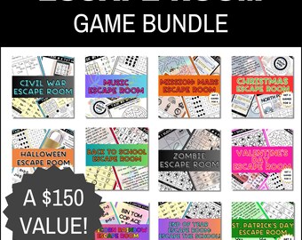 May include: A collage of 10 colorful escape room game bundles, each with a different theme, such as Civil War, Music, Mission: Mars, Christmas, Halloween, Back to School, Zombie, Valentine's Day, Unicorn Rainbow, and End of Year. The text "A $150 VALUE!" is displayed in a large circle.
