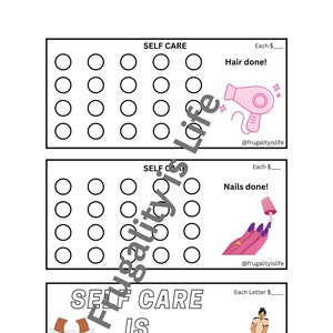 May include: Three printable self-care trackers with a black and white design. The first tracker is for hair appointments, the second is for nail appointments, and the third is a motivational quote that says "Self care is never selfish".