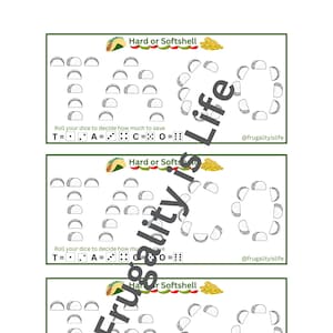 May include: Three printable game cards with the text "Hard or Softshell" and a graphic of a taco. Each card has a different arrangement of taco graphics and instructions to roll dice to decide how much to save. The text "Frugality is Life" is written diagonally across the cards.
