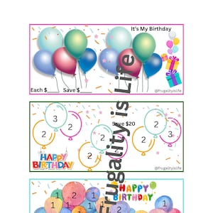 May include: A printable birthday party game with colorful balloons and confetti. The game involves counting the number of balloons in each row and adding up the total. The game is titled "It's My Birthday" and includes the text "Frugality is Life" and the social media handle "@frugalityislife".