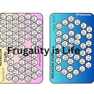 May include: Two colorful charts with hexagonal shapes, each with a dollar amount inside. The chart on the left is pink and yellow and says "Hexagon Stars Save $172" and the chart on the right is blue and green and says "Hexagon Stars Save $104".