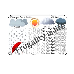 May include: A printable chart with a weather theme. The chart has a sun, clouds, rain drops, and snowflakes. The text on the chart says "Save for the Weather" and "Save $235".