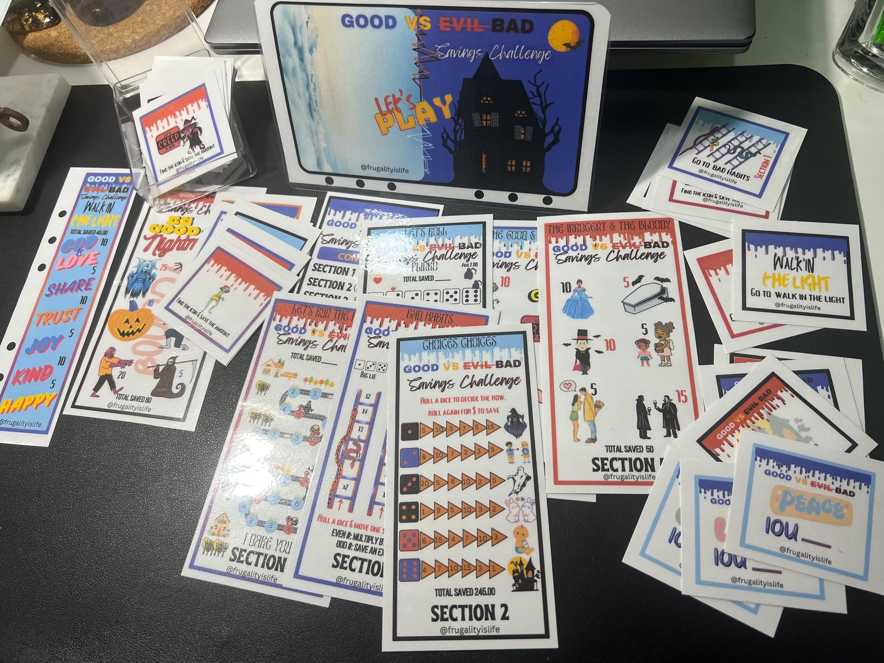 Paquete de desafío de ahorro de Good vs Bad Box / 6 secciones, 2 desafíos de ahorro adicionales / 36 tarjetas / Sobres de efectivo / Solo PDF descargable digital