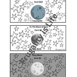May include: A printable chart with three different moon-themed pricing options. The first option is "Once In A Blue Moon" with a blue moon and stars, the second option is "To The Moon & Back" with a grey moon and stars, and the third option is "Grey Moon" with a grey moon and stars. Each option has a price per moon and a total price.
