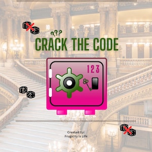 Könnte beinhalten: Ein pinkfarbener Tresor mit grünem Kombinationsrad und den Zahlen 123 steht im Mittelpunkt dieses Bildes. Die Worte "CRACK THE CODE" stehen darüber. Würfel und Fragezeichen sind ebenfalls vorhanden. Der Hintergrund ist eine große Treppe.