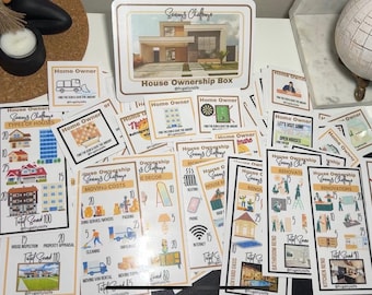 Paquete de desafío de ahorros para la propiedad de una casa, tamaño A6, 12 secciones, 84 tarjetas, 6 tarjetas de pagaré, tableros de control, marcapáginas y PDF descargable digital
