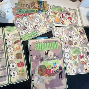 May include: A collection of emergency preparedness items, including checklists, cards, and a binder with the text "Emergency Survival Kit." The items feature a camouflage pattern and illustrations of essential supplies.