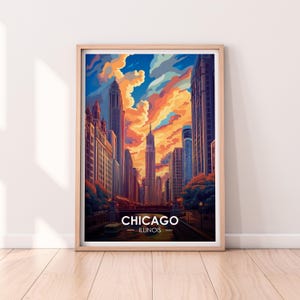 Chicago Poster, Chicago Sunset, USA, Illinois, Travel Poster, Premium Print, Chicago Print, Chicago Poster, Home Décor