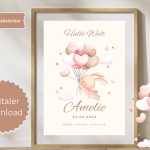GEBURTSTAFEL Geburtsdaten Poster Digitale Datei  Geburtsposter Kinderzimmer Poster Geburtsanzeige personalisiertes Geschenk zur Geburt Hase