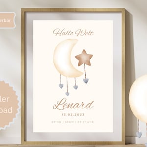 GEBURTSTAFEL Personalisiert Geburtsdaten Poster Digitale Datei  Geburtsposter Kinderzimmer Poster Geburtsanzeige  Geschenk Geburt Mond Stern