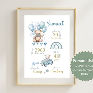 Geburtsposter personalisiert | Kinderzimmer Poster | Geburtstafel | Geburtsanzeige Digital | Geburtsdatenbild Junge | Geschenkidee zur Taufe
