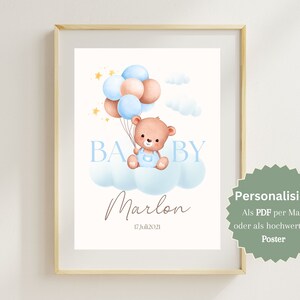 GEBURTSPOSTER Personalisiert, Geburtstafel mit Geburtsdaten Baby Wandbild Kinderzimmer Poster, Geburtsanzeige Geschenk zur Geburt oder Taufe
