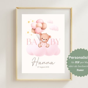 GEBURTSPOSTER Personalisiert Geburtstafel mit Geburtsdaten Baby Wandbild Kinderzimmer Poster Geburtsanzeige Geschenk zur Geburt oder Taufe