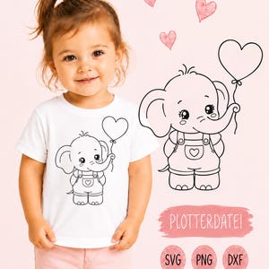 Könnte beinhalten: Ein weißes T-Shirt mit einer schwarzen Strichzeichnung eines Elefantenbabys in Latzhose, das einen herzförmigen Ballon hält. Das Motiv ist neben dem T-Shirt mit dem Text PLOTTERDATEI und den Dateiformaten SVG, PNG und DXF abgebildet.