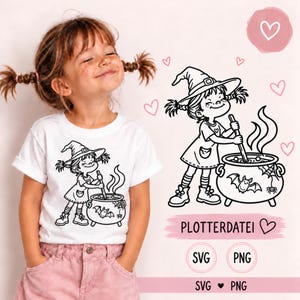 May include: A white t-shirt featuring a black line art graphic of a young witch with pigtails stirring a cauldron with a bat and spider design. The graphic includes the text PLOTTERDATEI, SVG, and PNG, surrounded by small pink heart icons.