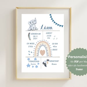 GEBURTSPOSTER PERSONALISIERT  Digitale Datei / Download - Geburtsdaten Poster Geburtstafel Kinderzimmer  Geburtsanzeige Geschenk zur Geburt