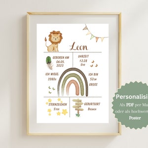 GEBURTSPOSTER Personalisiert Baby | Geburtsdaten Poster Digitale Datei Geburtstafel  Kinderzimmer Geburtsanzeige Geschenk Geburt Taufe  Löwe