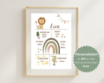 BIRTH POSTER Personalized Baby | Birth Data Poster Digital File Birth Board Nursery Birth Announcement Gift Birth Baptism Lion