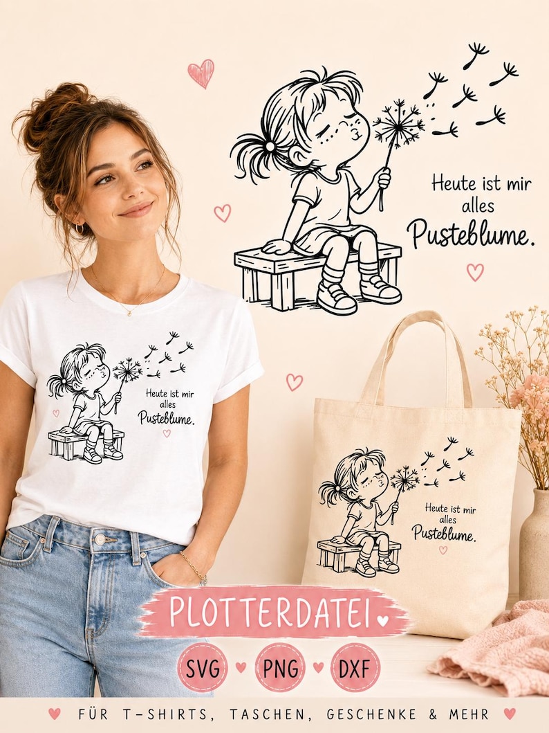 Puede incluir: Una camiseta blanca y una bolsa de tela beige con una ilustraci&oacute;n de l&iacute;neas negras de un ni&ntilde;o sentado en un banco soplando un diente de le&oacute;n. El dise&ntilde;o incluye el texto en alem&aacute;n "Heute ist mir alles Pusteblume" y peque&ntilde;os corazones rosas.