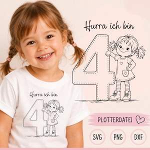 Może przedstawiać: Biała koszulka z czarną grafiką liniową przedstawiającą dużą cyfrę cztery i małą dziewczynkę z kucykami. Nad liczbą znajduje się napis Hurra ich bin. Projekt zawiera oznaczenia formatów plików SVG, PNG oraz DXF do wycinania na ploterze.