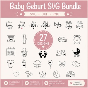 Puede incluir: Un paquete digital de 27 diseños gráficos con temática de bebé en negro sobre fondo claro. Incluye frases como it's a boy, it's a girl, Baby, Hallo Baby, Hello World, e iconos de báscula, regla, chupete, huellas, cigüeña, cochecito, body, biberón, nube, globo, lazo, corazones, estrellas, corona, luna y arcoíris.