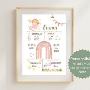 GEBURTSPOSTER Personalisiert Geburtstafel Geburtsdaten Baby Wandbild Kinderzimmer Poster Mädchen Geburtsanzeige Geschenk Geburt Regenbogen