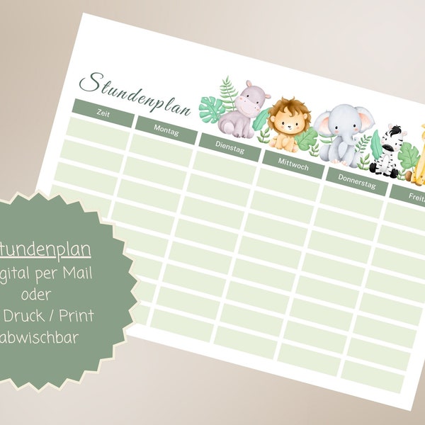 STUNDENPLAN Safari Dschungel Digital PDF Download oder als Druck abwischbar wiederbeschreibbar Geschenk zum Schulanfang Einschulung Junge