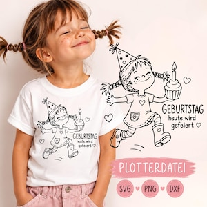 May include: A white t-shirt featuring a black line art graphic of a girl in a party hat holding a cupcake, with the German text GEBURTSTAG heute wird gefeiert and small hearts. The design is also shown separately as a digital file illustration.
