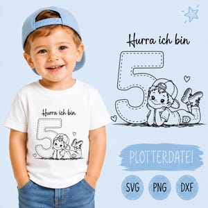 May include: A white t-shirt featuring a black line art graphic of a child wearing a baseball cap, lying in front of a large number 5, with the text Hurra ich bin printed above. The design includes small heart accents and a star icon.