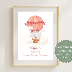 GEBURTSDATEN BILD Personalisiert Geburtsposter mit Geburtsdaten vom Baby Wandbild mit Elefant Kinderzimmer Poster Geschenk Geburt Taufe