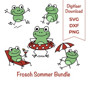 Könnte beinhalten: Ein digitaler Download mit Cartoon-Fröschen in verschiedenen Posen. Ein Frosch springt, ein anderer entspannt sich auf einer Liege mit einem Cocktail, und ein weiterer befindet sich in einem rot-weiß gepunkteten Schwimmreifen. Der Text "Frosch Sommer Bundle" steht unten.