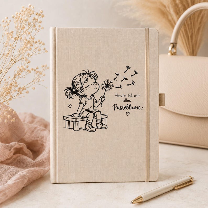 Puede incluir: Un cuaderno con cubierta de tela beige que presenta un dibujo lineal negro de un ni&ntilde;o sentado en un banco soplando un diente de le&oacute;n. El texto dice: Heute ist mir alles Pusteblume. El cuaderno incluye una banda el&aacute;stica vertical de cierre.