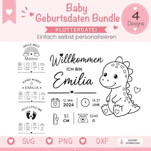 Op de afbeelding: Een digitaal grafisch pakket met vier ontwerpen voor babygeboortegegevens in zwart op een witte achtergrond. De ontwerpen bevatten een cartoon-dinosaurus, regenbogen, voetafdrukken en iconen voor kalenderdata, klokken, weegschalen en linialen.