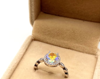 Rainbow Stone, Sterling Silver Ring, Statement, Solitaire, Cz Diamond, Round Cut, Gift for her, Sale, mothers day, princess diana ring