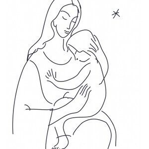Madonna col bambino, disegno, auguri, cartolina, buono regalo, stampabile, download, inchiostro