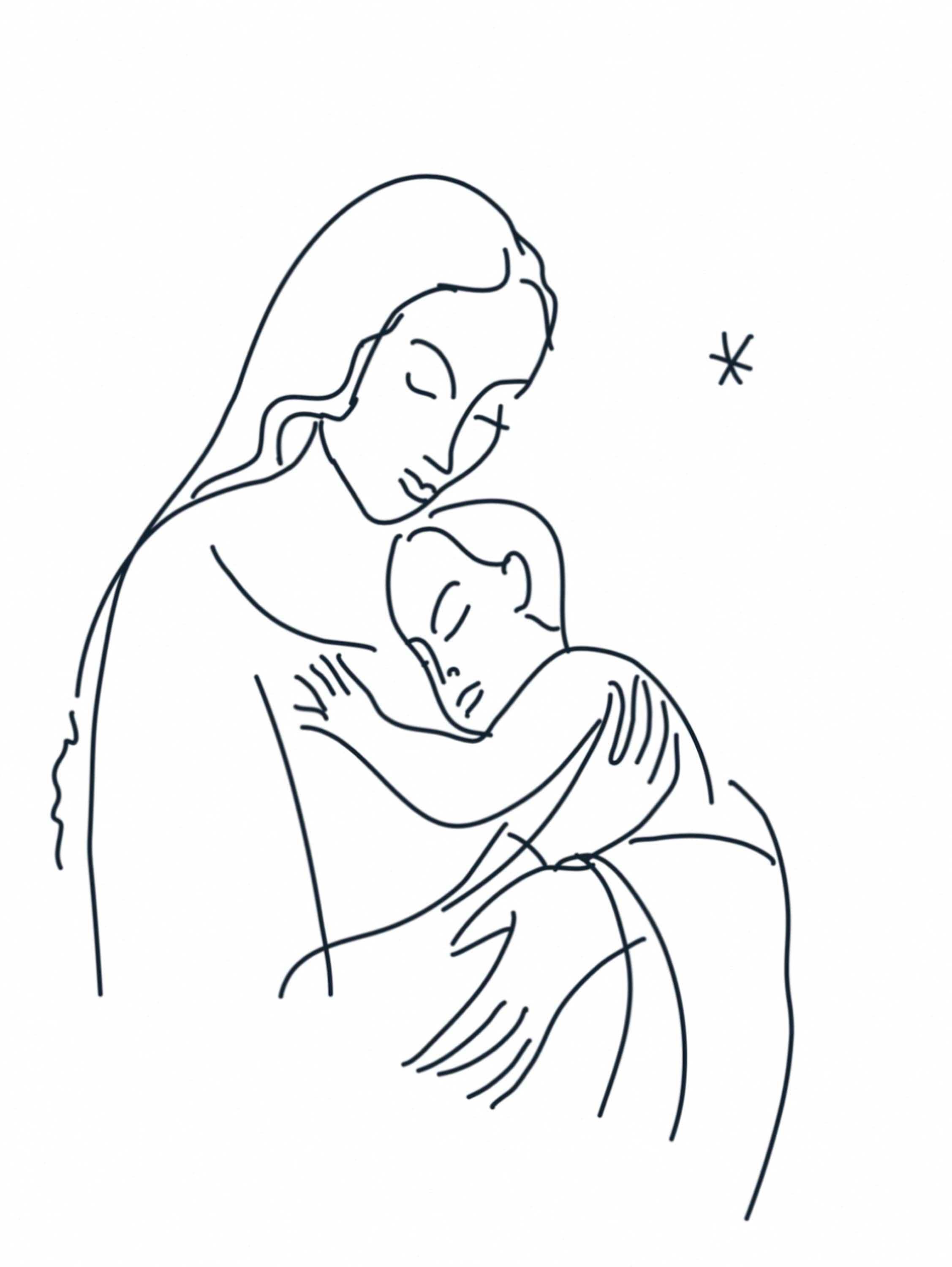 Madonna with Child, Drawing, Greetings, Post card, Gift card, Print, Downloads, Ink, Care, Love