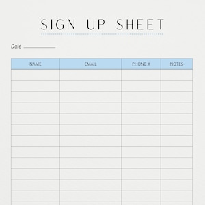 Sign Up Sheet Printable PDF | Digital Sign Up Sheet | Minimalist | Digital Download